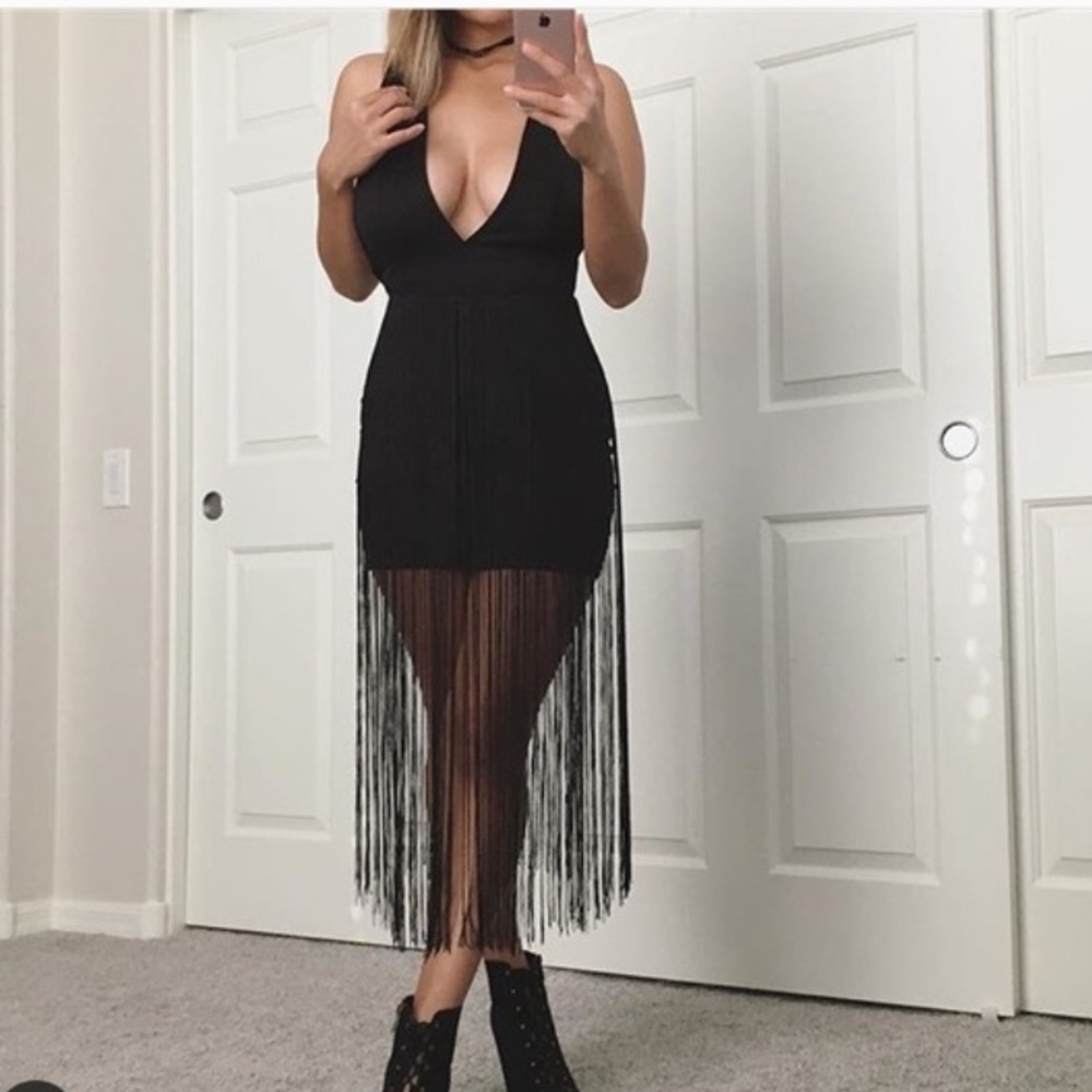Sexy black fringe dress